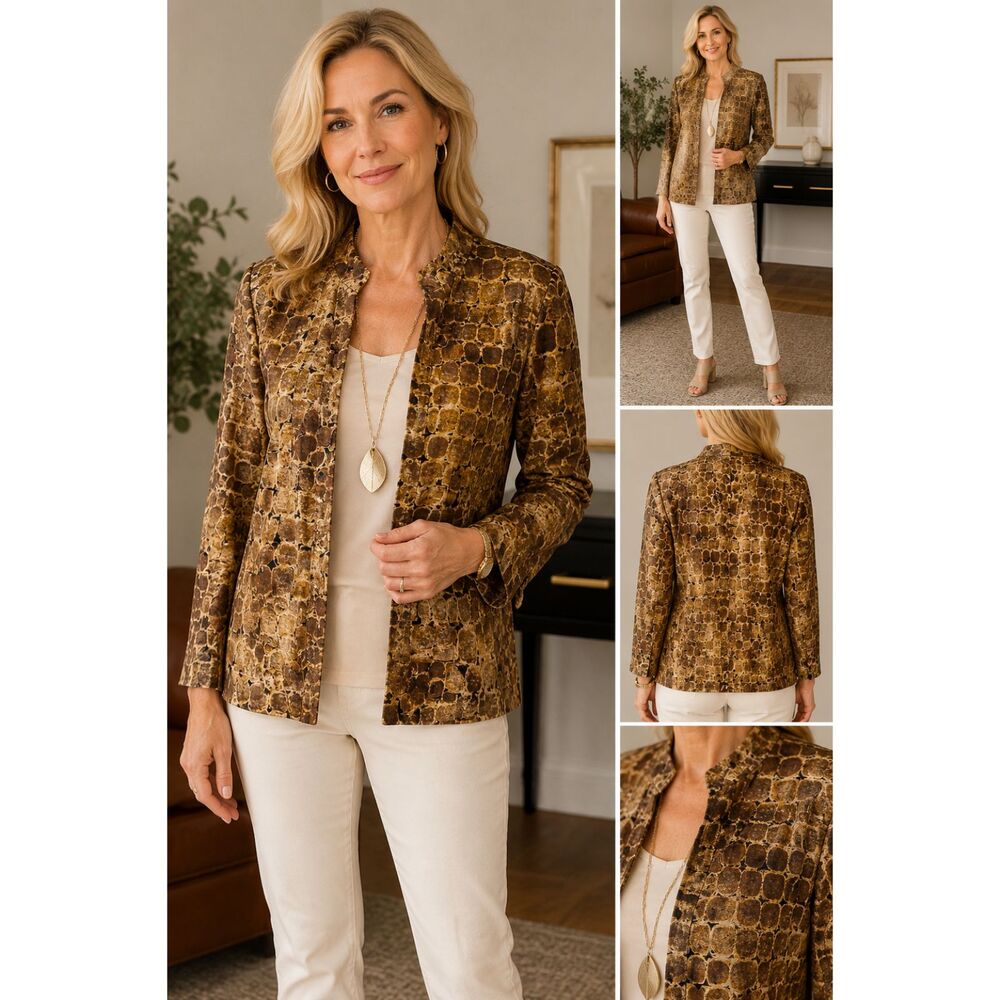 Chicos 100% Silk Animal Print Jacket Open Front Lightweight Brown Small
